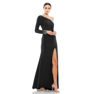 Mac Duggal 55696 Black One Sleeve Beaded Cuff Side Twist Gown NWT